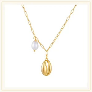 Gold cowrie shell and pearl necklace on paperclip chain, 925 sterling silver