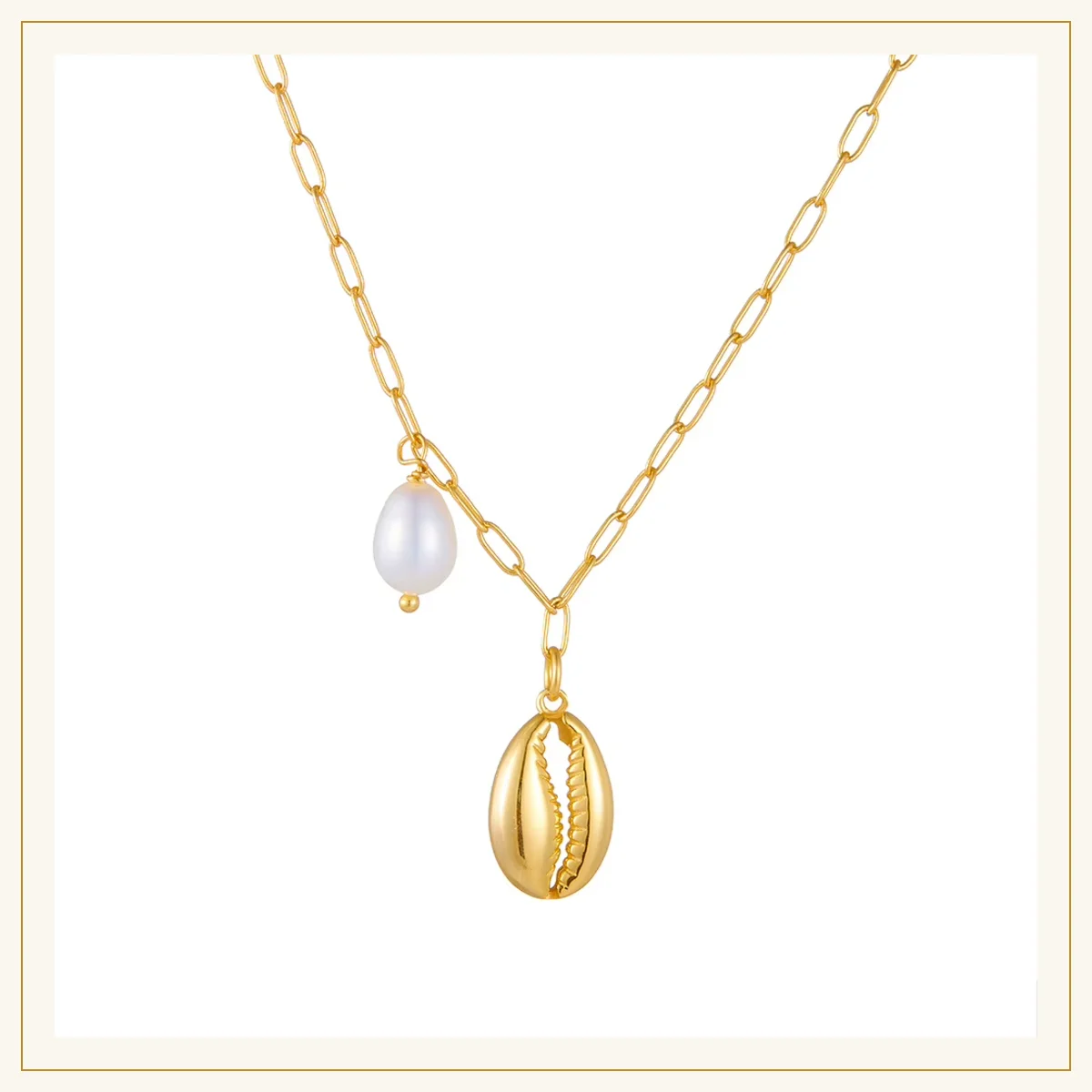 Gold cowrie shell and pearl necklace on paperclip chain, 925 sterling silver