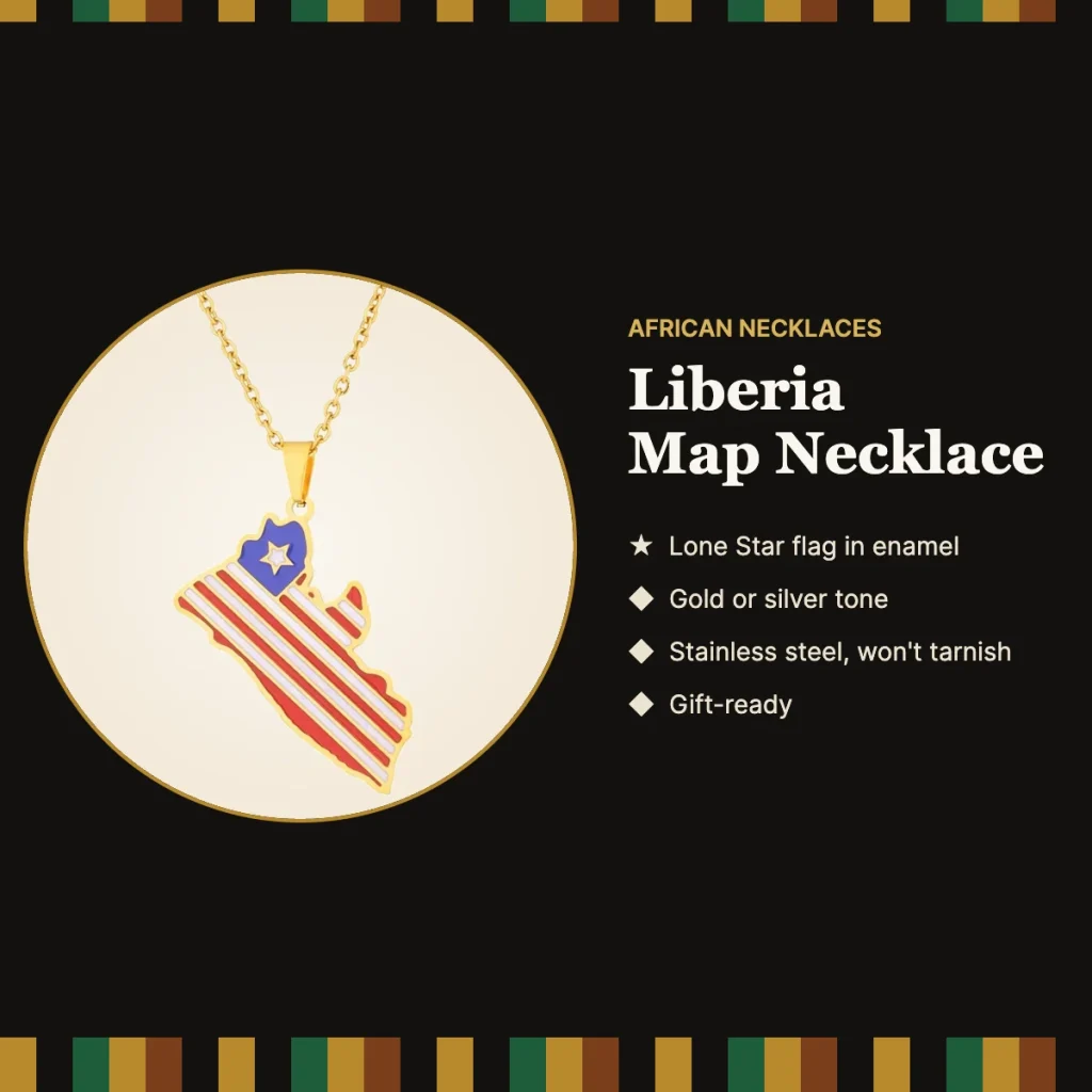 Liberia map necklace features: Lone Star flag enamel, gold or silver tone, stainless steel