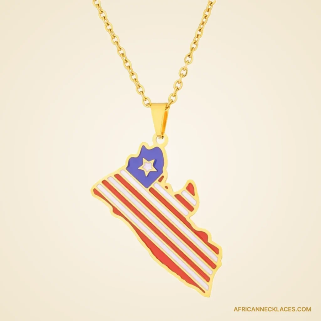 Gold Liberia map necklace with red, white and blue Lone Star flag enamel pendant